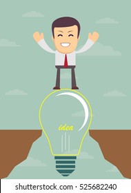 Business man on a bulb cross an abyss - the idea of a businessman helped to bridge the gap. Vector illustration