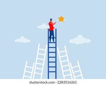 Business man on climb up ladder reaches stars target on sky. Achieve goal and dream,goal, achievement or opportunity career development concept vector