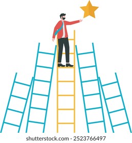 Hombre de negocios en una escalera de subida alcanza las estrellas objetivo en el cielo. Lograr objetivo y sueño, objetivo, logro u oportunidad concepto de desarrollo profesional Vector
