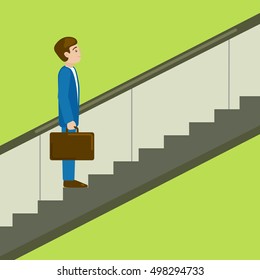 Business man on escalator moves upwards. Moving up the career ladder. Business metaphor. Cartoon colorful hand drawn vector illustration