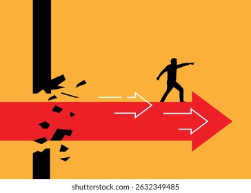 Business Man on Flying Arrow Breaking through a Wall. Moving forward overcoming obstacles and work related issues vector art