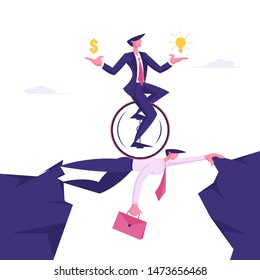 Business Man on Monowheel with Dollar and Light Bulb in Hands Riding over Head of Businessman Colleague. Creative Idea, Challenge, New Opportunity Success Concept Cartoon Flat Vector Illustration