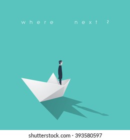 Business man on a paper boat. Business leadership and goal, objective oriented concept. Risk management symbol. Eps10 vector illustration.