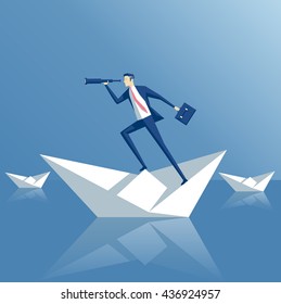 Business man on a paper boat. Business concept searching and risks