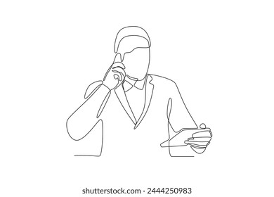 El hombre de negocios está al teléfono mientras mira el informe. Llamada de negocios dibujo en una línea