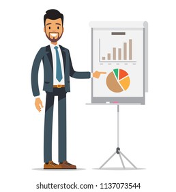 Business man on presentation. Vector character design isolated on white background.