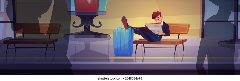 Business man on railway station waiting train, boring male character read newspaper with legs lying on suitcase at railroad platform with benches in passengers area, Cartoon vector illustration