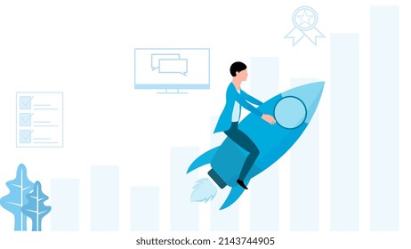 hombre de negocios sobre cohete, impulso inicial, inicio de la ilustración vectorial de carácter de negocio sobre fondo blanco. 