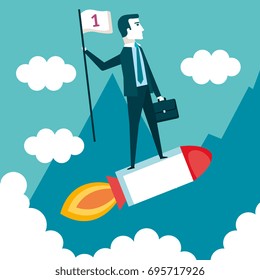 business man on a rocket with flag cloud landscape star up