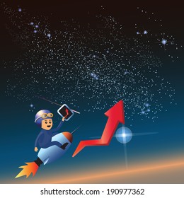 Business man on rocket with pad and index arrow