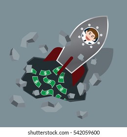 Business man on a rocket through walls