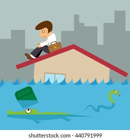 Business man on roof house, Flood city background