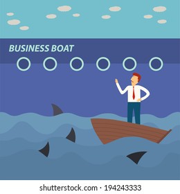 business man on small boat looking big business boat with shark in the sea,business concept,illustration,vector