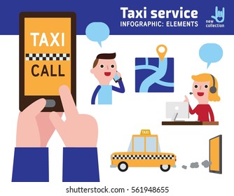 Business man on smart phone.
Order a taxi through the app on your phone.
Vector infographic illustration of a flat design.