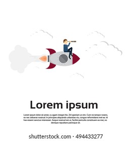 Business Man On Space Rocket Sit With Binoculars Looking For Successful Future Flat Vector Illustration