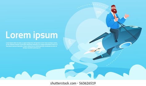 Business Man On Space Ship Project Successful Startup Flying Rocket Flat Vector Illustration