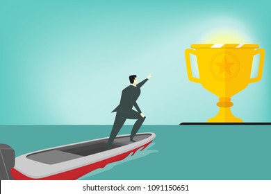 business man on speed boat go to golden winner cup in the destination