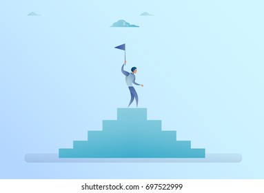 Business Man On Stairs Top Holding Flag Success Concept Flat Vector Illustration