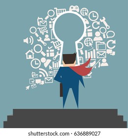 Business man on step to finding his  his keyword for money planing ,flat vector design.
