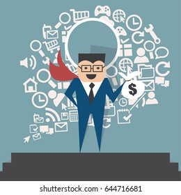 Business man on step to finding his his keyword for money planing ,flat vector design.