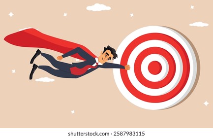 Business man on target to succeed, Success in the workplace concept, superhero character with a cape on course to hit the bullseye on the target