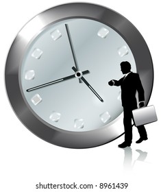 A business man on time or late for appointment walks, watches the time on his wrist watch.