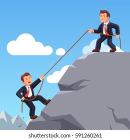 Business man on top of mountain helping colleague or friend climbing up with rope. Leadership, teamwork and partnership. Achieving goals & career development concept. Flat style vector illustration.