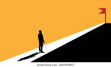 Business Man on the Way to the Winning Flag on Top of the Hill. People, motivation and achievements in competitive market vector art