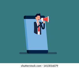 Business man Online advertising by phone. Vector illustration internet marketing concept, Talking in a megaphone, Cartoon character flat style design, Selling goods and services over the Internet
