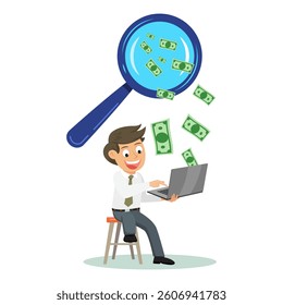 Business Man Online Look For Money on Laptop. Money On-Line Concept. illustration vector cartoon.