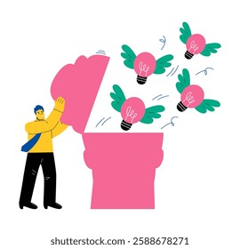 Business man open brainto develop and generate new ideas. Open mind to new ideas and knowledge. Flat vector illustration isolated on white background