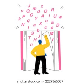 Business man opening a giant book, education, knowledge concept. Flat vector illustration isolated on white background
