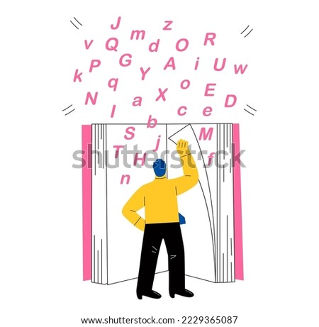 Business man opening a giant book, education, knowledge concept. Flat vector illustration isolated on white background
