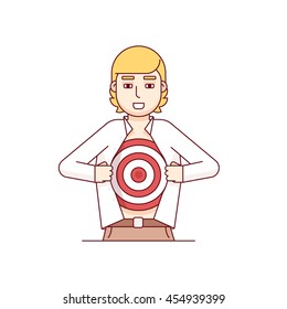 Business man opening shirt off revealing a aim target bravely waiting for an arrow of opportunity. Modern flat style thin line vector illustration. Concept isolated on white background.