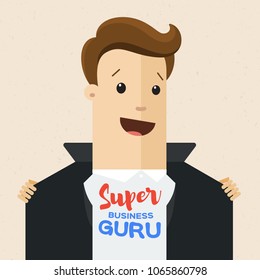 Business Man Opens His Jacket To Show T-shirt With Text Super Guru On His Chest . Business Guru