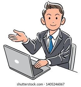 Business man operating a personal computer guides