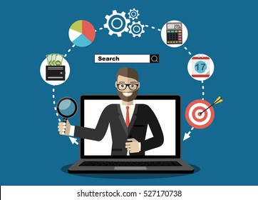 Business man out of screen monitor. Digital business assistant on a laptop, webinar vector concept