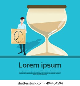 Business Man Over Big Sand Watch Deadline Concept Flat Vector Illustration