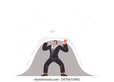 Business man is overexerting himself by lifting heavy curtain to reach new professional level. Guy office employee experiences overexerting due to too difficult tasks or erroneously set goals