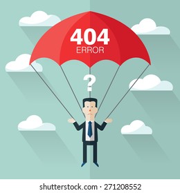 Business man with parachute. Page not found, 404 error. Concept of businessman fail