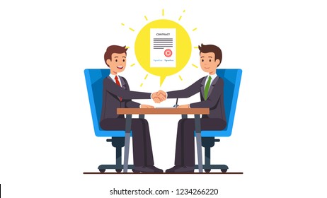 Business man partnership beginning. Businessman partners shaking hands after signing contract agreement closing deal sitting at negotiations table. Flat style cartoon vector isolated illustration