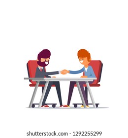 Business man partnership beginning. Businessman partners shaking hands after signing contract agreement closing deal sitting at negotiations table. Flat vector illustration. - Vector