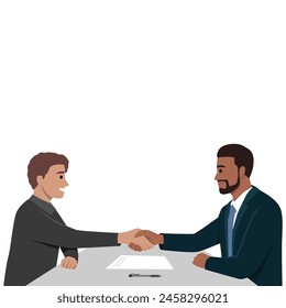 Business man partnership beginning. Businessman partners shaking hands after signing contract. Flat vector illustration isolated on white background