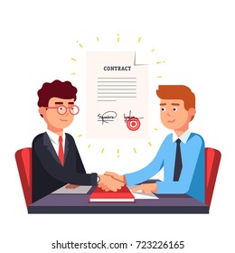 Business man partnership beginning. Partners firmly shaking hands after signing contract agreement closing deal. Modern flat style thin line vector illustration isolated on white background.