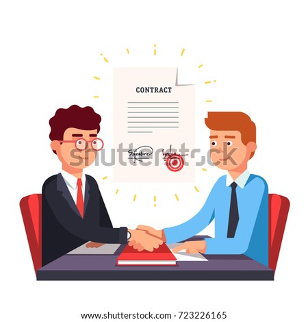 Business man partnership beginning. Partners firmly shaking hands after signing contract agreement closing deal. Modern flat style thin line vector illustration isolated on white background.