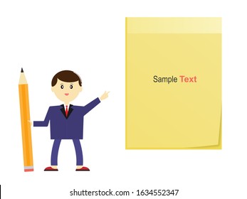 Business man with pencil and yellow sticky pasted note. Vector illustration.