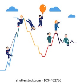 Business Man People Going Up And Down On Business & Stock Trend Line Graph. Climbing On Bullish Trend And Falling Off On Bearish, And Leaping Forward. Flat Style Vector Illustration Isolated On White