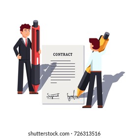 Business man people holding giant pens & signing large contract. Writing signature. Metaphor of starting new venture, making deal. Flat style vector illustration isolated on white background.