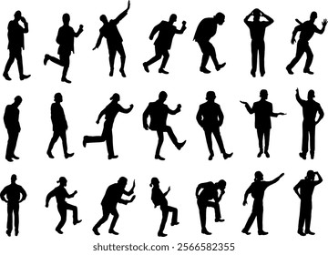 Business Man People Silhouette Set Setting Collection. Talkint Walkint Standing Jumping Meeting Pose. Icon Isolated Team