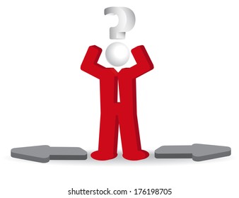 Business man, person and question mark and arows. Confusion, vector illustration